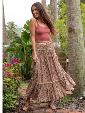 NATURAL LIFE Rust Tank with Brown Multi Floral Tiered Maxi Skirt Set